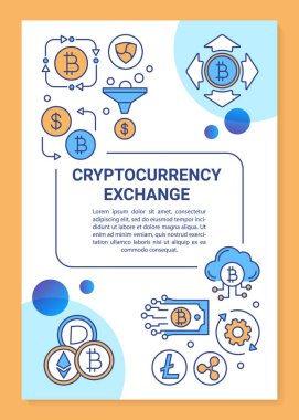 Cryptocurrency döviz ve madencilik poster şablondüzeni. Afiş, kitapçık, simgeler ile broşür baskı tasarımı. Sanal para işlemi. Dergiler için vektör broşür sayfa düzenleri, reklam el ilanları