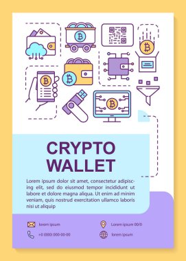 Cryptocurrency cüzdan poster şablonu düzeni. Bitcoin madencilik çiftliği. Kripto ewallet. Afiş, kitapçık, simgeler ile broşür baskı tasarımı. Dergiler için vektör broşür sayfa düzenleri, reklam el ilanları
