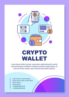 Kripto cüzdan poster şablondüzeni. Kripto para birimi işlemleri. Sanal para e ödeme. Banner, kitapçık, doğrusal simgeler ile broşür baskı tasarımı. Dergiler, el ilanları için vektör broşür sayfa düzenleri