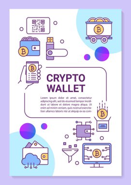 Kripto cüzdan poster şablondüzeni. Kripto para depolama ve işlemler. Banner, kitapçık, doğrusal simgeler ile broşür baskı tasarımı. Dergiler için vektör broşür sayfa düzenleri, reklam el ilanları