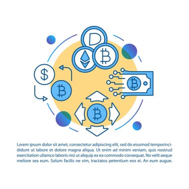 Cryptocurrency döviz hizmeti makale sayfa vektör şablonu. Kripto işlemleri. Sanal para. Broşür, dergi, kitapçık tasarım öğesi simgeler ve metin ile. Baskı tasarımı. Kavram çizimleri