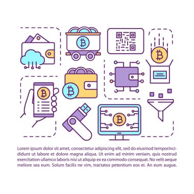 Cryptocurrency cüzdan makale sayfa vektör şablonu. Kripto madencilik çiftliği ve blockchain platformu. Broşür, dergi, doğrusal simgeler ile kitapçık tasarım elemanı, metin. Baskı tasarımı. Kavram çizimleri