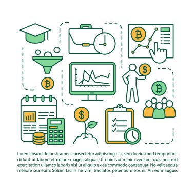 Finansal eğitim makale sayfası vektör şablonu. Kripto para ticareti, aracılık kursu. Broşür, dergi, doğrusal simgeler ve metin ile kitapçık tasarım elemanı. Baskı tasarımı. Kavram çizimleri