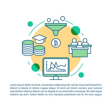 Cryptocurrency ders makale sayfa vektör şablonu. İş eğitimi. Sanal para yatırımı. Broşür, dergi, doğrusal simgeler ve metin ile kitapçık tasarımı. Baskı tasarımı. Kavram çizimleri