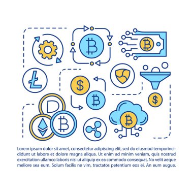 Cryptocurrency makale sayfası vektör şablonu. Kripto para değişim platformu. Sanal para. Broşür, dergi, doğrusal simgeler ve metin ile kitapçık tasarım elemanı. Baskı tasarımı. Kavram illüstrasyon