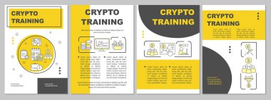 Kripto eğitim broşürü şablon düzeni. Kripto para ticareti kursu. El ilanı, kitapçık, broşür baskı tasarımı ile çizimler. Dergiler, raporlar, reklam afişleri için vektör sayfası modern düzenleri