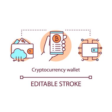 Cryptocurrency cüzdan kavram simgesi. Özel anahtarlar depolama fikri ince çizgi illüstrasyon için hizmet. Elektronik bankacılık. Online para işlemi. Vektör yalıtılmış anahat çizimi. Kullanılabilir kontur