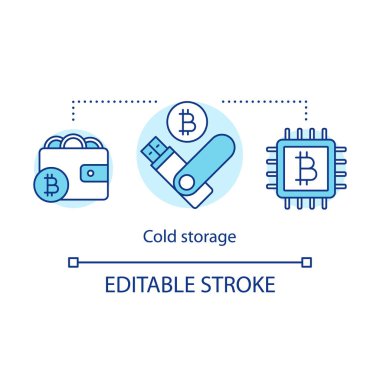 Soğuk hava deposu konsept simgesi. Donanım cüzdan fikri ince çizgi illüstrasyon. Bitcoinleri çevrimdışı tutmak. Usb aygıtında kripto para birimi, özel anahtarlar depolama. Vektör yalıtılmış anahat çizimi. Kullanılabilir kontur