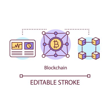 Blockchain kavram simgesi. İşlem kayıt fikri ince çizgi illüstrasyon. Kripto para birimi işi. Blockchain teknolojisi. Bitcoin ticareti. Vektör yalıtılmış anahat çizimi. Kullanılabilir kontur