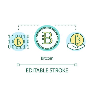 Bitcoin konsept simgesi. Cryptocurrency blockchain fikir ince çizgi illüstrasyon. Sanal internet parası. Elektronik ödeme. Dijital para birimi. Vektör yalıtılmış anahat çizimi. Kullanılabilir kontur