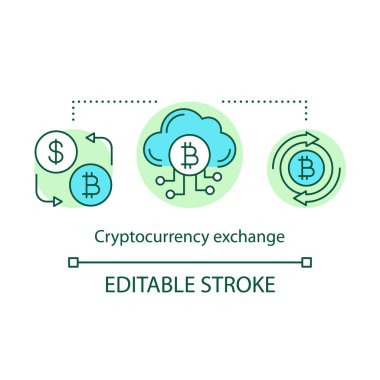 Cryptocurrency döviz kavramı simgesi. Varlık fikri ince çizgi illüstrasyonu için dijital para birimi ticareti. Bitcoin'den dolar değişimine. Online bankacılık sistemi. Vektör yalıtılmış anahat çizimi. Kullanılabilir kontur