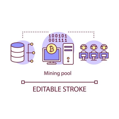 Madencilik havuzu kavram simgesi. Cryptocurrency ağ fikri ince çizgi illüstrasyon. Kaynaklar birikiyor. Hareket doğrulaması. Bitcoin madencisi. Vektör yalıtılmış anahat çizimi. Kullanılabilir kontur