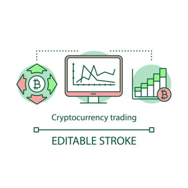 Cryptocurrency ticaret kavramı simgesi. Satın alma ve bitcoins fikir ince çizgi illüstrasyon satış. Blockchain teknolojisi. Borsa analiz. Vektör yalıtılmış anahat çizimi. Kullanılabilir kontur