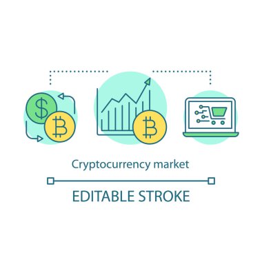 Cryptocurrency piyasa kavramı simgesi. Elektronik para ticaret fikri ince çizgi illüstrasyon. Dijital döviz bozdurma. Borsa grafiği. Vektör yalıtılmış anahat çizimi. Kullanılabilir kontur