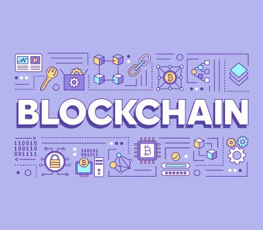 Engelleme teknolojisi kelimesi afişi kavramsallaştırır. Sanal para madenciliği. Kripto para sunucusu. Sunum, web sitesi. Doğrusal simgelerle izole edilmiş tipografi fikri. Vektör özet çizimi