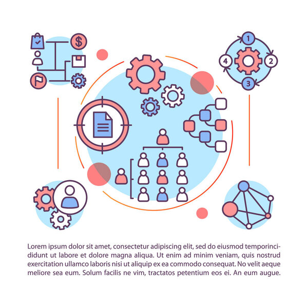 Шаблон вектора страницы корпоративной структуры. Иерархическая организация. Взаимодействие персонала компании. Брошюра, журнал, буклет с иконками и текстом. Печать дизайн. Концептуальные иллюстрации
