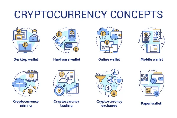 Kryptowährungskonzept-Symbole gesetzt. digitale Asset-Idee dünne Linie Illustrationen. Online, Hardware-Brieftasche. Finanztransaktion. Bitcoin-Börse. Vektorisolierte Umrisszeichnungen. editierbarer Schlaganfall — Stockvektor