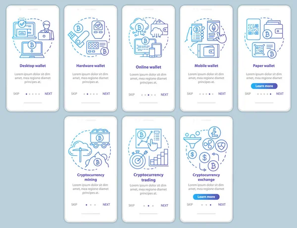 Criptomoneda minería onboarding pantalla de la página de la aplicación móvil con conceptos lineales. Monedero electrónico bitcoin walkthrough instrucciones de gradiente azul. UX, UI, plantilla de vector GUI con ilustraciones — Vector de stock