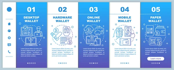 Carteiras criptomoeda tipos onboarding modelo de vetor de páginas web móveis. transações de moeda bitcoin eletrônico. Idéia de interface do site smartphone responsivo com ícones lineares. Telas de passo da página web — Vetor de Stock