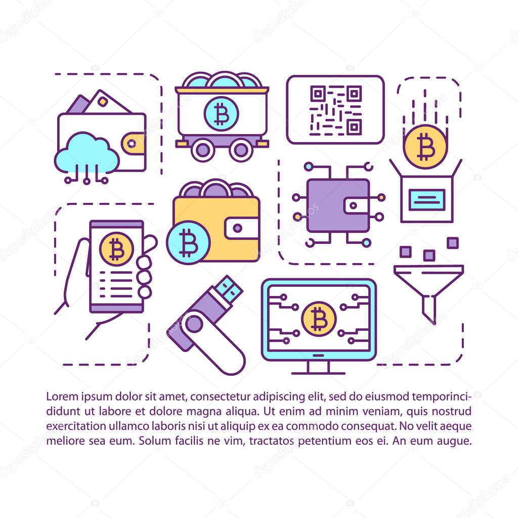 Cryptocurrency wallet article page vector template. Crypto mining farm and blockchain platform. Brochure, magazine, booklet design element with linear icons, text. Print design. Concept illustrations
