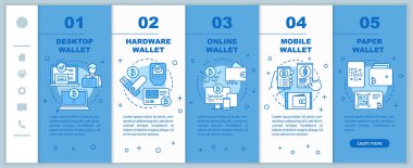 Cep telefonu web sayfaları vektör şablonunda şifreli cüzdan türleri. Elektronik bitcoin para birimi. Cevaplı akıllı telefon web sitesi arayüzü fikri. Web sayfası basamak ekranları. Renk konsepti