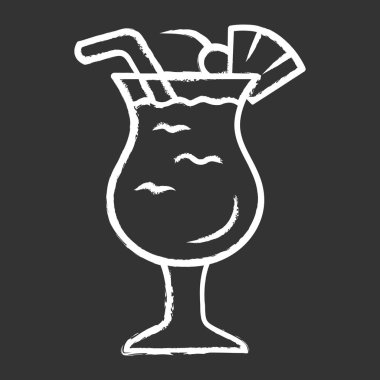 Pina colada chalk icon. Footed glass with drink, slice of fruit and straw. Refreshing alcohol beverage. Sweet mix with rum and pineapple juice. Isolated vector chalkboard illustration