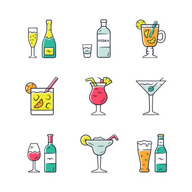 İçecekler renk simgeleri ayarlanır. Alkollü içki kartı. Şampanya, votka, sıcak toddy, şarap, bira, lowball cam kokteyl, martini, margarita, pina colada. Yalıtılmış vektör çizimleri