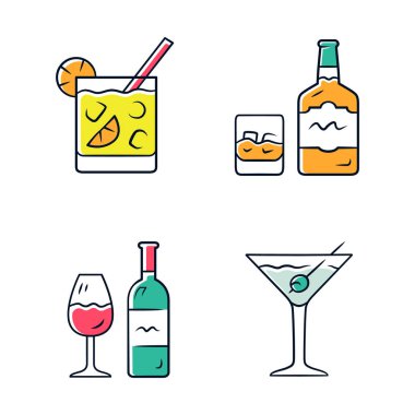 İçecekler renk simgeleri ayarlanır. Düşük top kadehinde kokteyl, viski, şarap, martini. Parti için alkollü içecekler. İçecek içecekler ve karışımları. Yalıtılmış vektör çizimleri