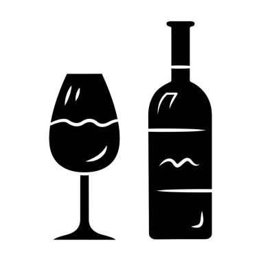 Şarap glyph simgesi. Şarap ile şişe ve klasik ayaklı cam. Asma tadımı. Fermente üzüm veya meyvelerden alkollü içecek. Siluet sembolü. Negatif boşluk. Vektör izole illüstrasyon