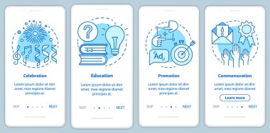 Olay amaçları doğrusal kavramlar ile mobil uygulama sayfası ekranında. Kutlama, eğitim, terfi, anma yürüyüşü grafik talimatları. Ux, Ui, Gui vektör şablonu çizimleri ile