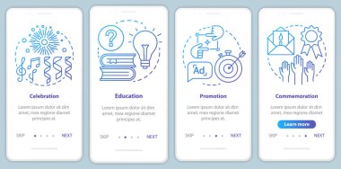 Olay amaçları doğrusal kavramlar ile mobil uygulama sayfası ekranında. Kutlama, eğitim, terfi, anma yürüyüşü grafik talimatları. Ux, Ui, Gui vektör şablonu çizimleri ile