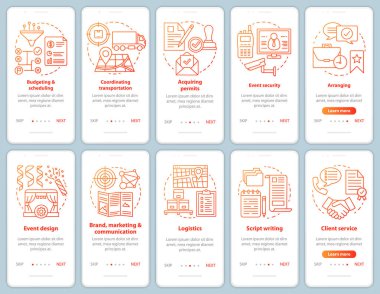 Olay yönetimi ve planlama hizmeti doğrusal kavramlar ile mobil uygulama sayfası ekranında. Özel etkinlikler sanayi walkthrough grafik talimatları. Ux, Ui, Gui şablonları çizimlerle ayarlanmış