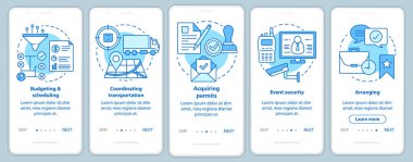 Doğrusal kavramlarla mobil uygulama sayfası ekranında etkinlik planlaması. Bütçeleme ve zamanlama, düzenleme, ulaşım yol adımları grafik talimatları. Ux, Ui, Gui vektör şablonu