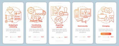 Doğrusal kavramlarla mobil uygulama sayfası ekranında etkinlik planlaması. Bütçeleme ve zamanlama, düzenleme, ulaşım yol adımları grafik talimatları. Ux, Ui, Gui vektör şablonu