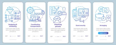 Doğrusal kavramlarla mobil uygulama sayfası ekranında etkinlik planlaması. Bütçeleme ve zamanlama, düzenleme, ulaşım yol adımları grafik talimatları. Ux, Ui, Gui vektör şablonu