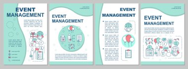 Olay yönetimi broşür şablon düzeni. Kurumsal etkinlikler endüstrisi. El ilanı, kitapçık, doğrusal illüstrasyonlar ile broşür baskı tasarımı. Dergiler, raporlar, reklam afişleri için vektör sayfa düzenleri