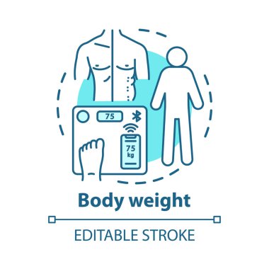 Vücut ağırlığı izleme aracı kavram simgesi. Mücadele obezite, kilolu sorun fikir ince çizgi illüstrasyon. Ölçü ölçekleri. Vücut kütlesini kontrol ediyorum. Vektör yalıtılmış anahat çizimi. Kullanılabilir kontur