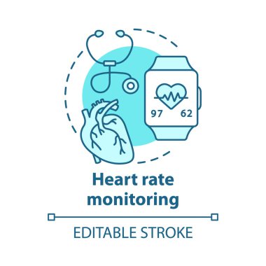 Kalp hızı kontrolü gadget kavram simgesi. Kardiyolojik sağlık izleme fikri ince çizgi illüstrasyon. Stetoskop, kalp atışı kontrolü için akıllı saat. Vektör yalıtılmış anahat çizimi. Kullanılabilir kontur
