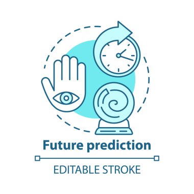 Gelecek tahmini kavram simgesi. Falcılık ve kehanet hizmeti. Okültizm fikir ince çizgi illüstrasyon. Kristal top, göz ve saat vektör izole anahat çizim ile palmiye. Kullanılabilir kontur