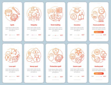 Mobil uygulama sayfası ekran vektör şablonu üzerinde magic büyü. Cadılık ve lineer çizimler ile büyüleyici walkthrough web sitesi adımları. Ux, Ui, Gui akıllı telefon arayüz konsepti