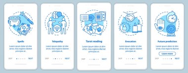 Doğrusal kavramlar ile mobil uygulama sayfası ekranında magic hizmetleri. Telepati, çağrışım, falcılık adımları grafik talimatları. Ux, Ui, Gui vektör şablonu çizimleri ile