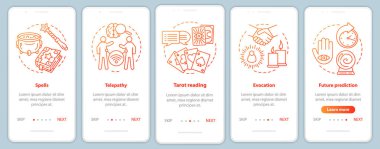 Mobil uygulama sayfası ekran vektör şablonuna binen sihirli hizmetler. Telepati, doğrusal illüstrasyonlar ile tarot okuma walkthrough web sitesi adımları. Ux, Ui, Gui akıllı telefon arayüz konsepti