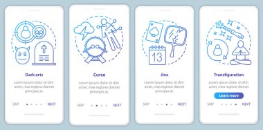 Kara büyü mobil uygulama sayfası ekran vektör şablonu onboarding. Transfiguration, lanet, doğrusal çizimler ile uğursuzluk walkthrough web sitesi adımları. Ux, Ui, Gui akıllı telefon arayüz konsepti