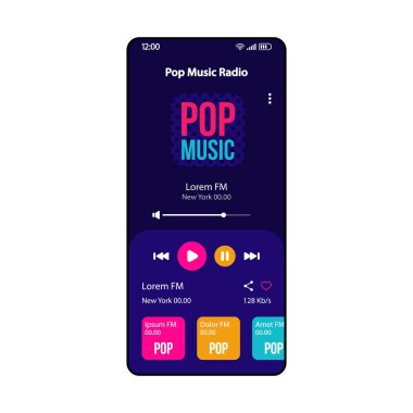 Pop müzik radyo akıllı telefon arayüzü vektör şablonu. Mobil müzik çalar uygulaması sayfası mavi tasarım düzeni. Ses çalma listesi, albüm dinleme ekranı. Uygulama için Düz Ui. Mp3 çalar. Telefon ekranı