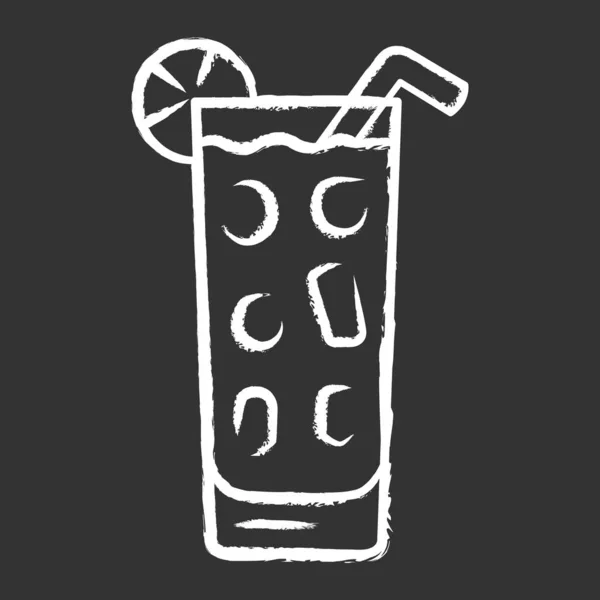 Koktajl w szklance highball ikona kreda. Letni lodowy orzeźwiający napój z kawałkiem cytryny i słomy. Kubek z wysokim mieszanym napojem. Gin i tonik. Rysunek na białym tle wektor tablica — Wektor stockowy