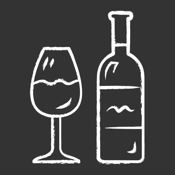 Wine chalk icon. Bottle and classic footed glass with wine. Vine tasting. Alcoholic beverage from fermented grapes or fruits. Drink for dinner and party. Isolated vector chalkboard illustration — Stock vektor