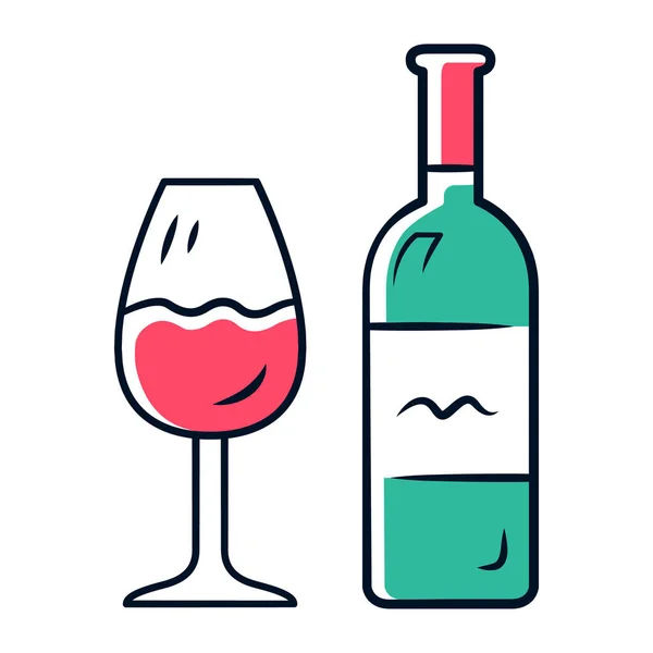 Wine color icon. Bottle and classic footed glass with red wine. Vine tasting. Alcoholic beverage from fermented grapes or fruits. Drink for dinner and party. Isolated vector illustration — Stock Vector