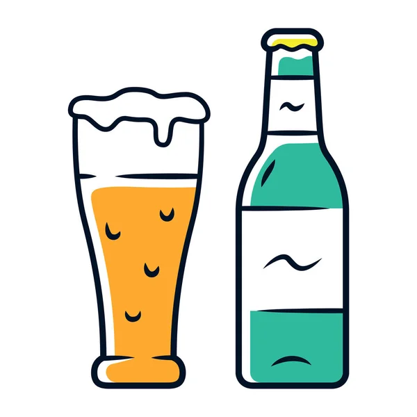 Bier kleur pictogram. Ongecorked fles en glas drank. Gebotteld en draft pils. Alcoholische drank. Brouwen. Pint ALE. Booze voor het feestje. Geïsoleerde vector illustratie — Stockvector