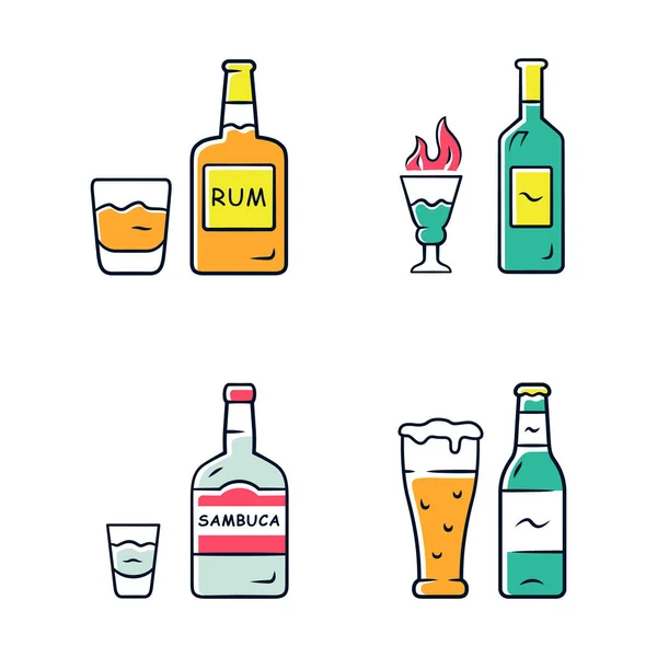 Nastavení barevných ikon nápojů. Rum, Absinthe, Sambuca, pivo. Láhve a nápoje v brýlích. Alkoholická tekutina na oslavu a oslavu. Izolované vektorové ilustrace — Stockový vektor
