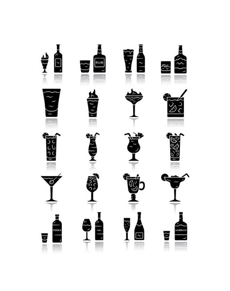 Drinks drop shadow black glyph icons set. Alcohol menu card. Beverages for cocktails. Whiskey, rum, wine, martini, margarita, absinthe. Spirit containing liquors. Isolated vector illustrations